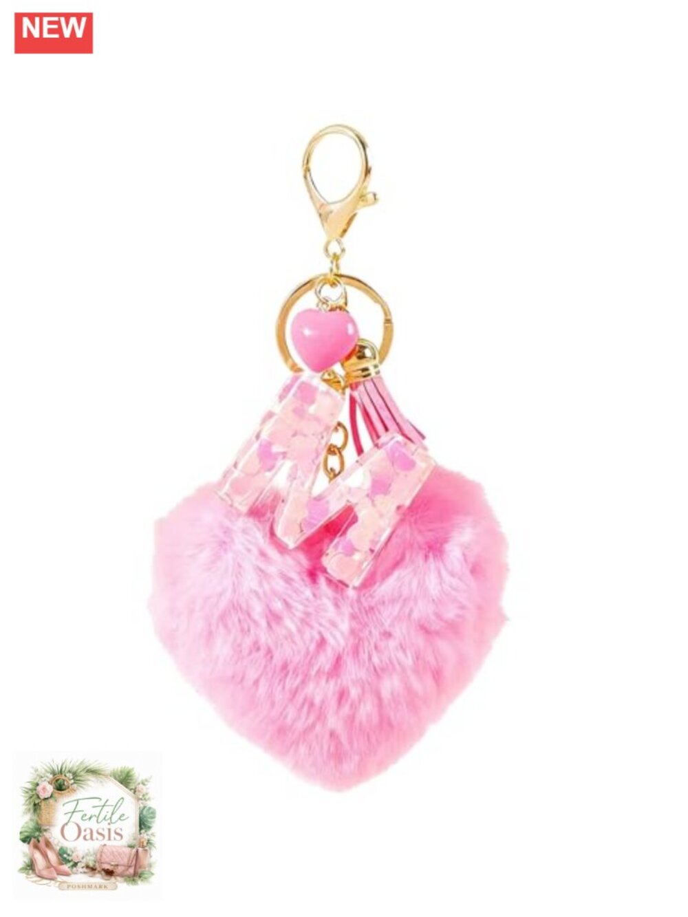 Faux Fur Pom Pom Heart Keychain with Letter M and Tassel, Durable Resin Metal